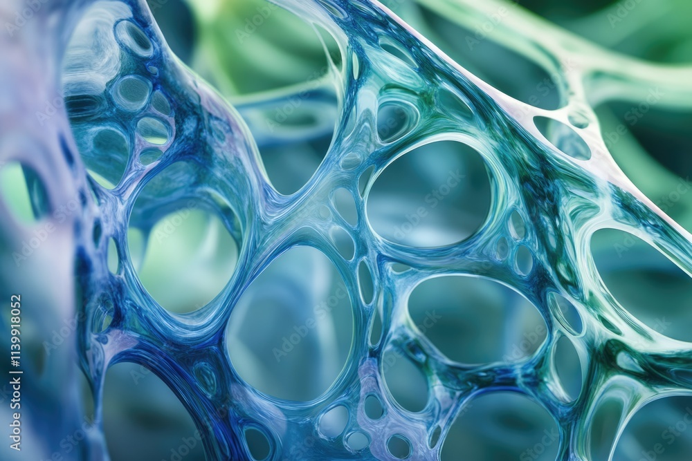 Abstract image depicting a complex, interconnected network of blue and green organic forms resembling a cellular structure or intricate lattice. Abstract image depicting a complex, interconnected network of blue and green organic forms resembling a cellular structure or intricate lattice.