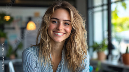 Smiling young woman in casual attire with wavy hair indoors