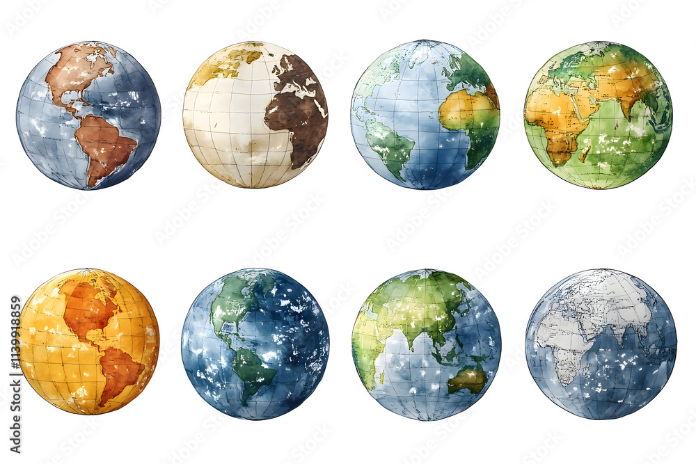 custom made wallpaper toronto digitalA 3D illustration of globes, a world map, and various continents surrounded by ocean, representing Earth and geography