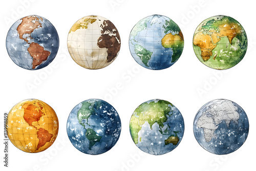 Wallpaper Mural A 3D illustration of globes, a world map, and various continents surrounded by ocean, representing Earth and geography Torontodigital.ca