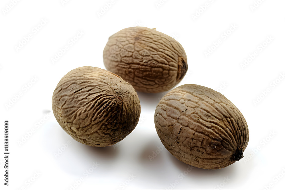 Photography of Whole Nutmeg on White Background – Aromatic Spice for Culinary Use for Food Blogs, Recipes, Spice Packaging, E-commerce, Cookbooks, Ads, Social Media, Health Websites