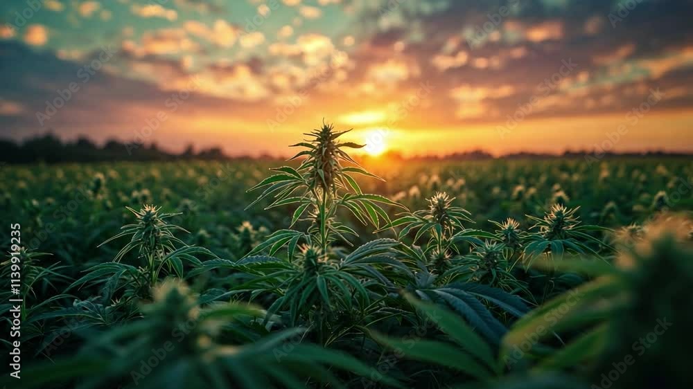 Vibrant hemp plants thrive in a field as the sun sets, casting golden light across the landscape and illuminating the dramatic clouds overhead. Vibrant hemp plants thrive in a field as the sun sets, casting golden light across the landscape and illuminating the dramatic clouds overhead.