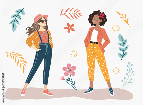 Meeting of two fashionably dressed girlfriends