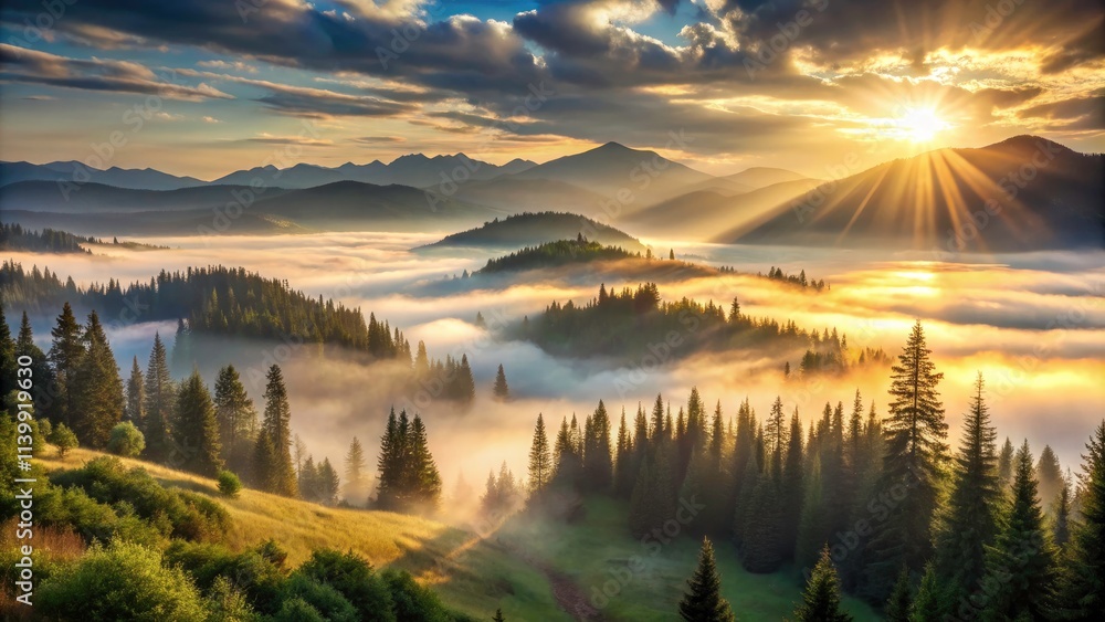 Majestic Summer Mountain Landscape with Misty Slopes and Sunlit Forests - A Surreal Travel Experience Majestic Summer Mountain Landscape with Misty Slopes and Sunlit Forests - A Surreal Travel Experience