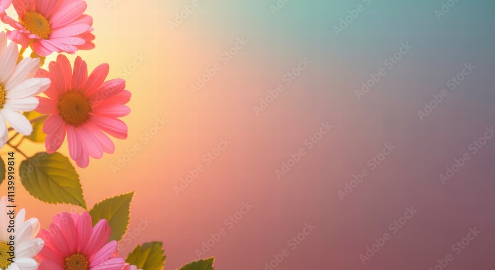 Obraz premium Sunlit Daisies: A vibrant bouquet of pink and white daisies basks in the warm glow of a sun-kissed sky, creating a serene and tranquil backdrop. 