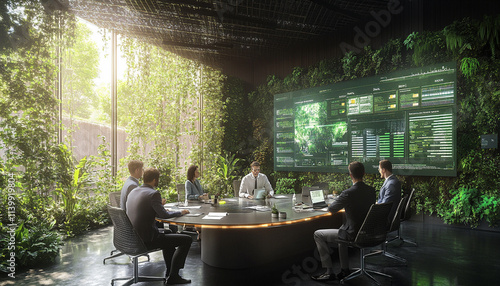 A modern conference room surrounded by greenery, featuring a digital display and engaged participants.