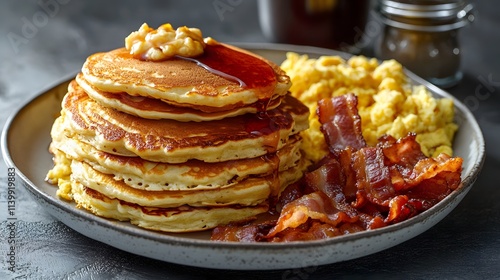 Breakfast consist of pancakes with crispy bacons, maple syrup and scrambled eggs. 