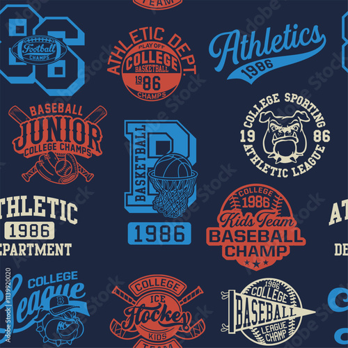 College athletic department sporting badges patchwork cute vector seamless pattern for children kid wear fabric t shirt sweatshirt pajamas