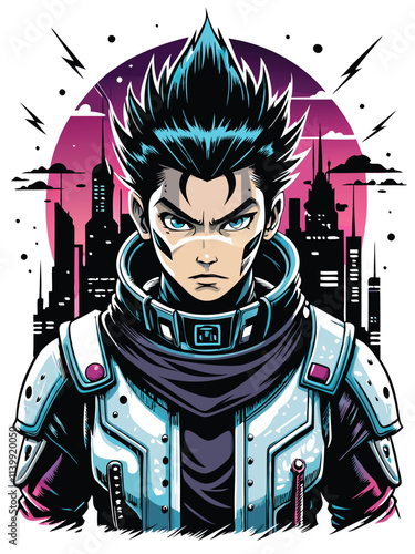 Create a vibrant anime character portrait; spiky punk hairstyle, intense gaze, wearing a studded leather jacket.  High detail, dynamic pose.