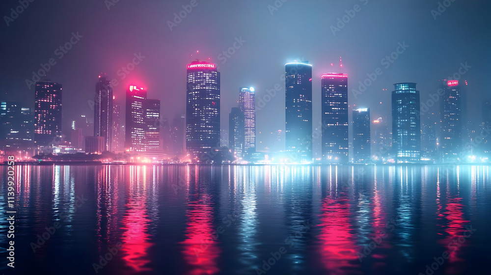 Fototapeta premium Neon Cityscape Reflection: A Futuristic Illustration