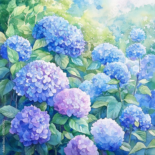 Wallpaper Mural Watercolor painting of a vibrant garden filled with blooming hydrangeas in blue and purple tones. Torontodigital.ca