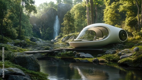 Futuristic Capsule Retreat Nestled Beside Forest Waterfall