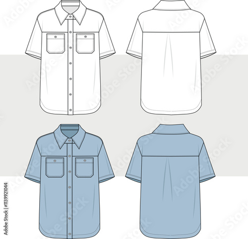 Men's short sleeve shirt flat sketch illustration with front and back view, casual wear fashion illustration template mock up