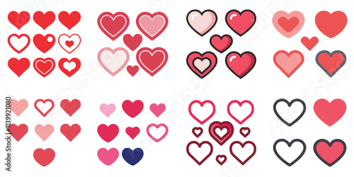 Vector colorful red, white, and pink heart icons set on a white background for Valentine's Day