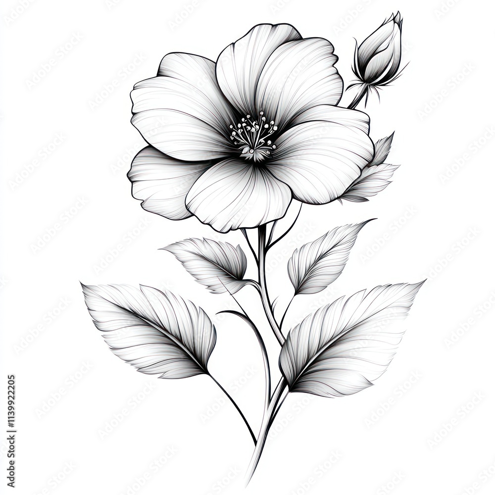 Obraz premium Monochrome line drawing of a single hibiscus flower with bud and leaves.