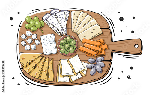 Cheese set with grapes and olives on a wooden cutting board and spices. Dish cheese plate isolated on white background. Vector illustration