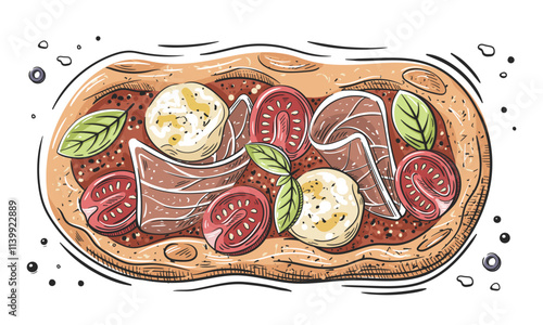Pizza with prosciutto, tomato and mozzarella isolated on white background. Pizza vintage design. Vector illustration