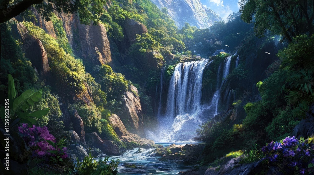 Lush Tropical Waterfall Cascading Through Verdant Cliffs Lush Tropical Waterfall Cascading Through Verdant Cliffs