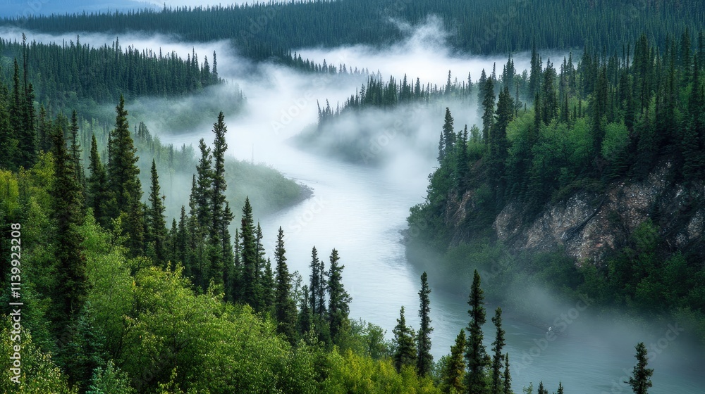 Misty River Winding Through a Verdant Coniferous Forest Misty River Winding Through a Verdant Coniferous Forest