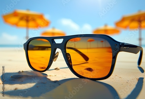 A pair of sunglasses on the sand with a reflection of the beach and an umbrella