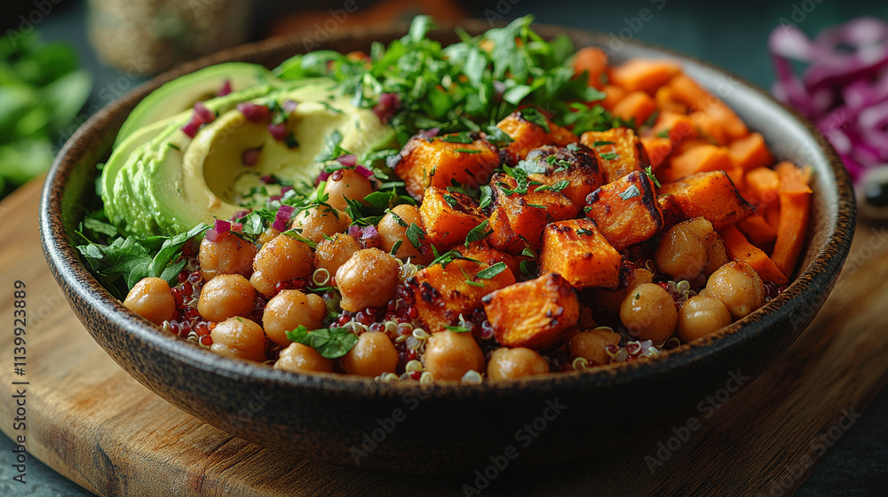 Colorful Vegan Buddha Bowl with Quinoa, Roasted Veggies, Avocado, and Chickpeas for a Nutritious Meal
Colorful Vegan Buddha Bowl with Quinoa, Roasted Veggies, Avocado, and Chickpeas for a Nutritious Meal
