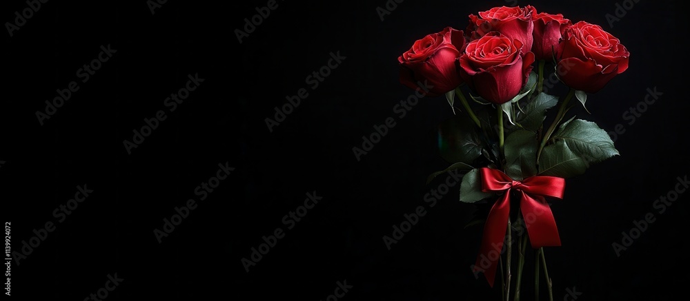 Elegant bouquet of red roses with rich green leaves displayed against a simple dark background for creative design purposes Elegant bouquet of red roses with rich green leaves displayed against a simple dark background for creative design purposes