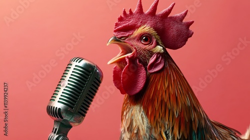 Rooster singing into a vintage microphone symbolizing creativity, music, and humor