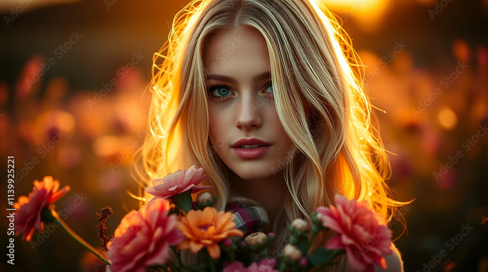 A young woman with long, wavy blonde hair stands amidst a field of colorful flowers, holding a bouquet of pink and orange blossoms. Her bright blue eyes and soft expression are highlighted by sunshine A young woman with long, wavy blonde hair stands amidst a field of colorful flowers, holding a bouquet of pink and orange blossoms. Her bright blue eyes and soft expression are highlighted by sunshine