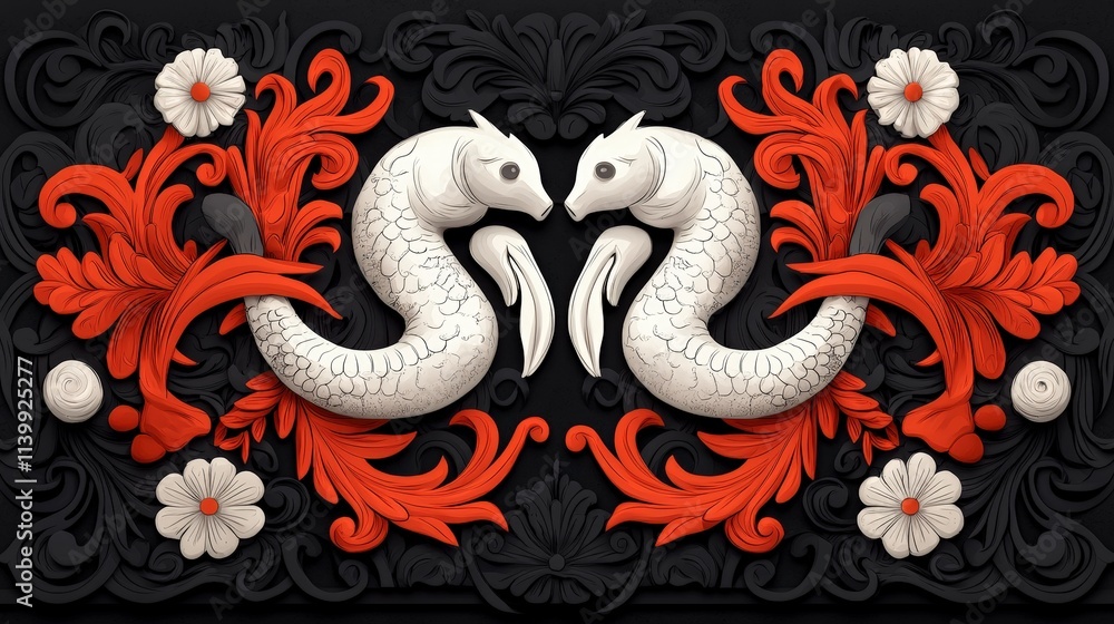 Obraz premium Elegant Red Black Floral Sea Horse Design Intricate 3D Art High Resolution Wallpaper