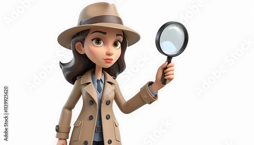 Female Detective Scrutinizing Clues with Magnifying Glass 3D Render