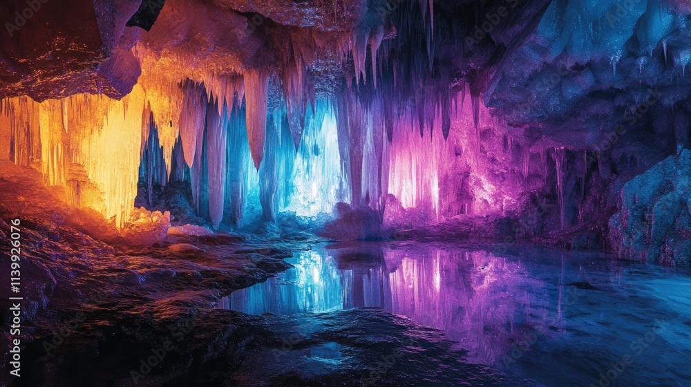 Fototapeta premium Illuminated Ice Cave With Vibrant Colors And Icicles