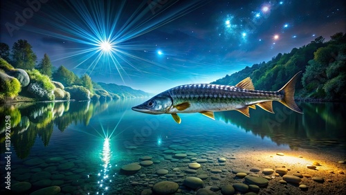 Stunning Night Photography of Sterlet (Acipenser ruthenus) in Baden-Wuerttemberg, Germany - Captivating Aquatic Life in Europeâ€™s Rivers and Lakes photo