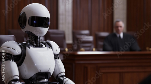 A robot sitting in a courtroom with a judge in the background.