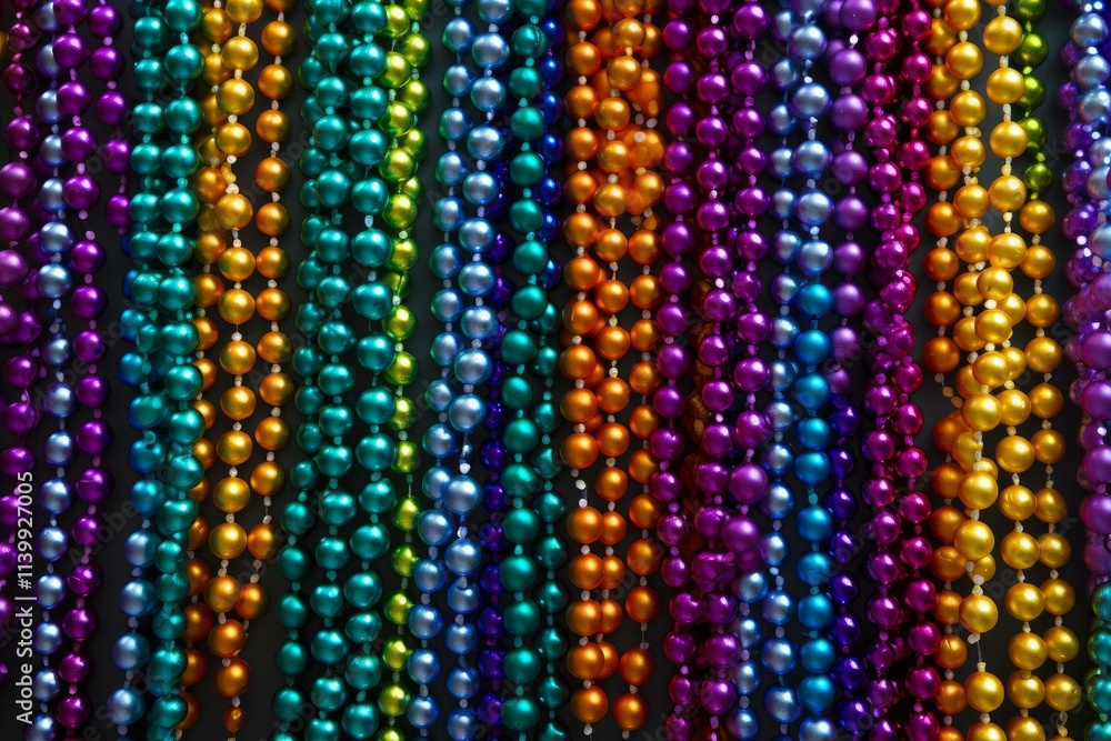 Metallic multicolored mardi gras beads hanging vertically, creating a vibrant and festive backdrop Metallic multicolored mardi gras beads hanging vertically, creating a vibrant and festive backdrop