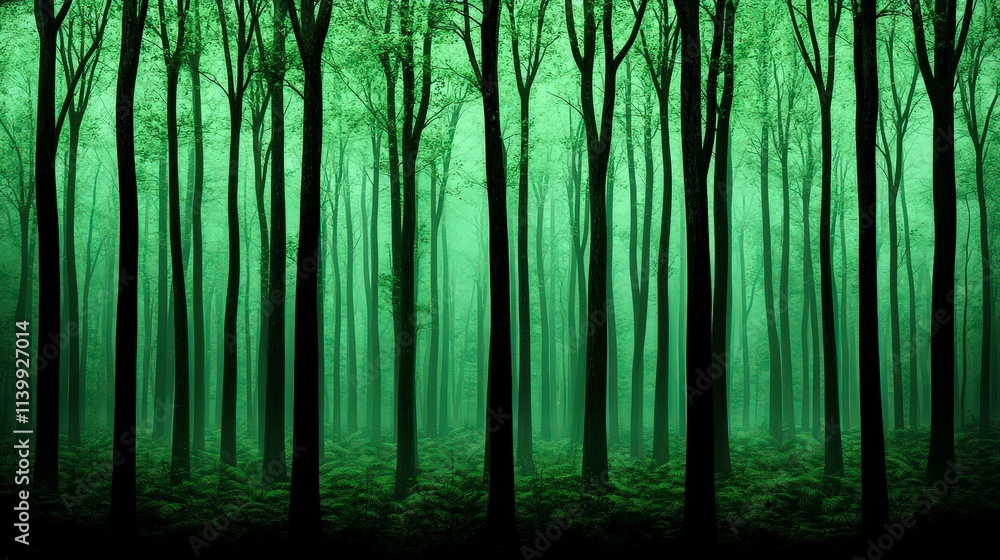 Obraz premium Enchanting Green Forest Misty Woods Nature Scene Trees Lush 4K