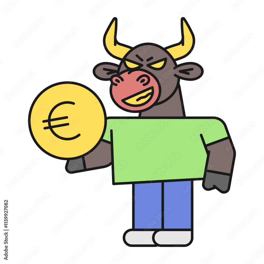Bull holds coin with euro sign and smiles Bull holds coin with euro sign and smiles