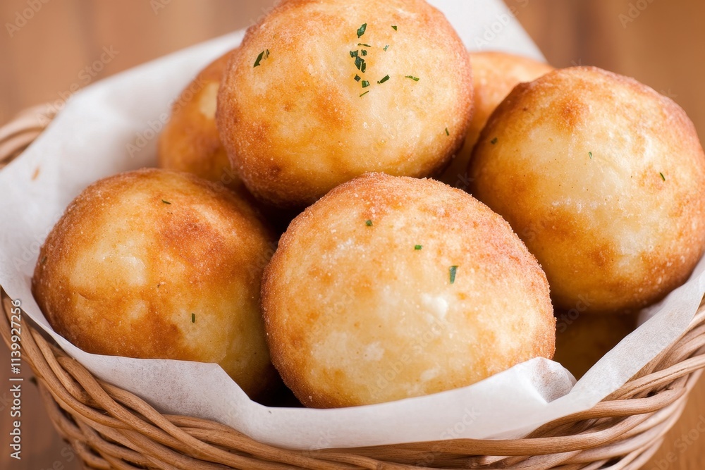 Golden-brown cheese balls in a wicker basket, garnished with herbs. Golden-brown cheese balls in a wicker basket, garnished with herbs.
