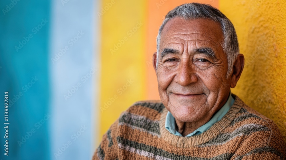 Portrait of a cheerful elderly man with a warm smile, wearing a sweater, set against a vibrant, multicolored backdrop. Portrait of a cheerful elderly man with a warm smile, wearing a sweater, set against a vibrant, multicolored backdrop.