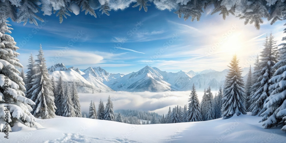 Snow covers the mountain landscape in winter with a blank space in the middle for text, snow, winter, mountain, landscape, snowfall Snow covers the mountain landscape in winter with a blank space in the middle for text, snow, winter, mountain, landscape, snowfall
