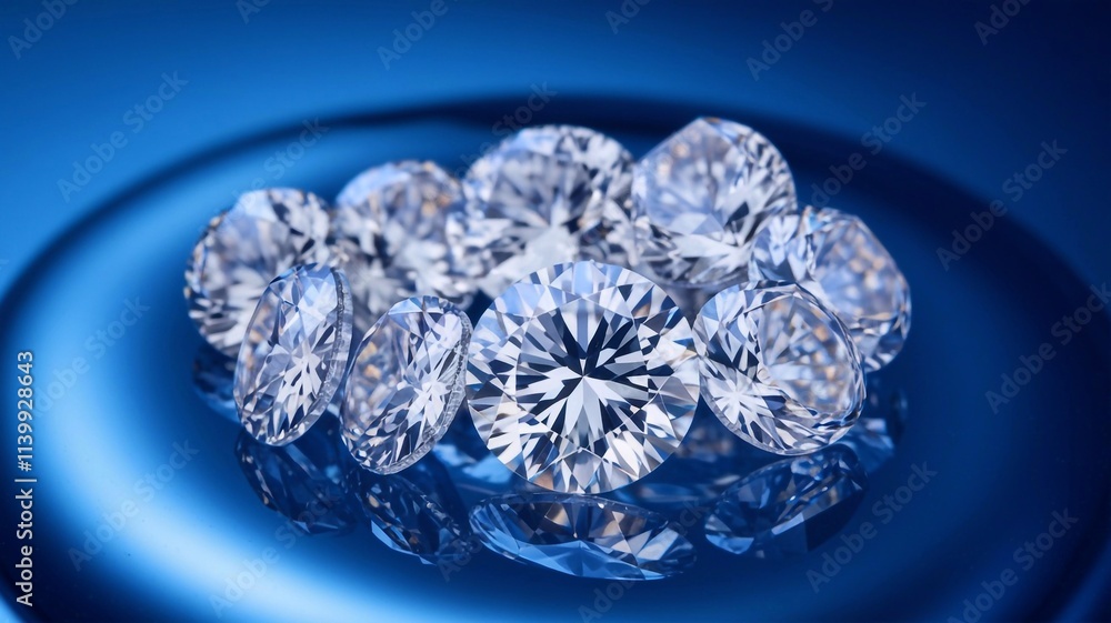 Close-up of brilliant-cut diamonds on a shimmering blue background Close-up of brilliant-cut diamonds on a shimmering blue background