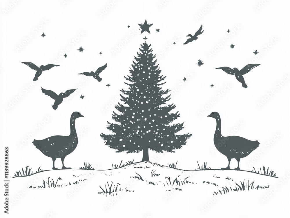 Fototapeta premium Silhouette Christmas tree geese flying bird white background nature festive design animal holiday serene winter scene black monochrome invitation greeting card vintage retro wish wallpaper wall decor