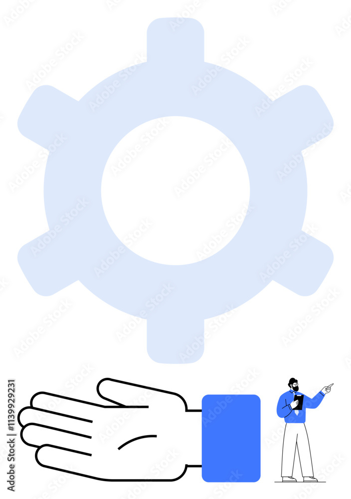 Large gear in blue with a hand below and man in blue pointing. Ideal for concepts of support, guidance, teamwork, mechanics, solutions, assistance, and structure. Line metaphor Large gear in blue with a hand below and man in blue pointing. Ideal for concepts of support, guidance, teamwork, mechanics, solutions, assistance, and structure. Line metaphor