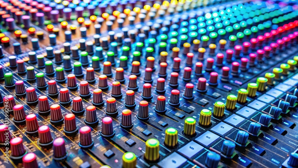 Fototapeta premium Close up of a colorful light audio mixer console, audio equipment, sound mixing, technology