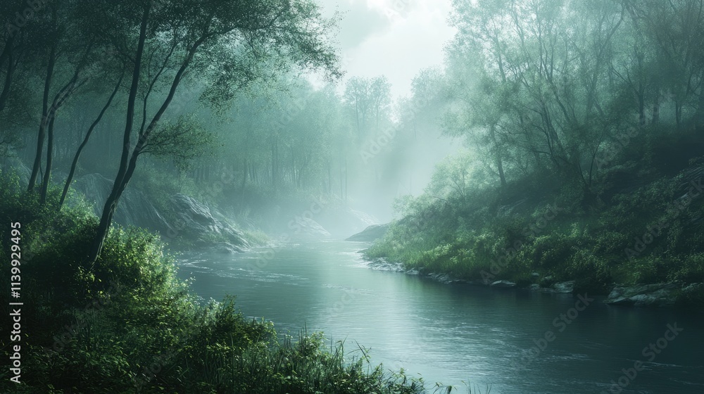 Serene River Flows Through Misty Green Forest Serene River Flows Through Misty Green Forest