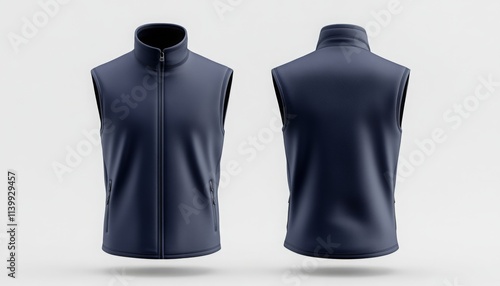 blue sleeveless vest mockup  with zipper front and back view. man vest dress mock-up template.
