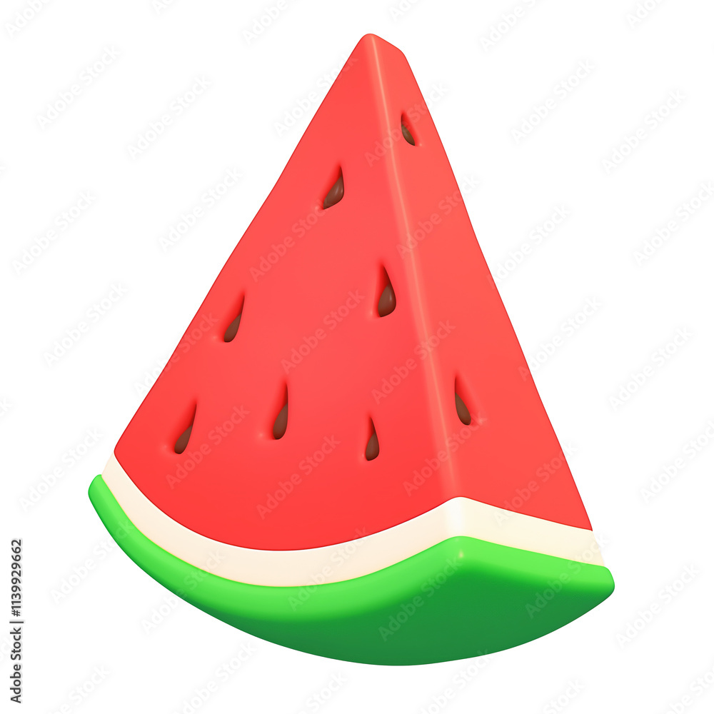 3D cartoon watermelon slice icon with flat view, featuring vibrant red flesh, black seeds, and green rind, isolated on transparency background 3D cartoon watermelon slice icon with flat view, featuring vibrant red flesh, black seeds, and green rind, isolated on transparency background