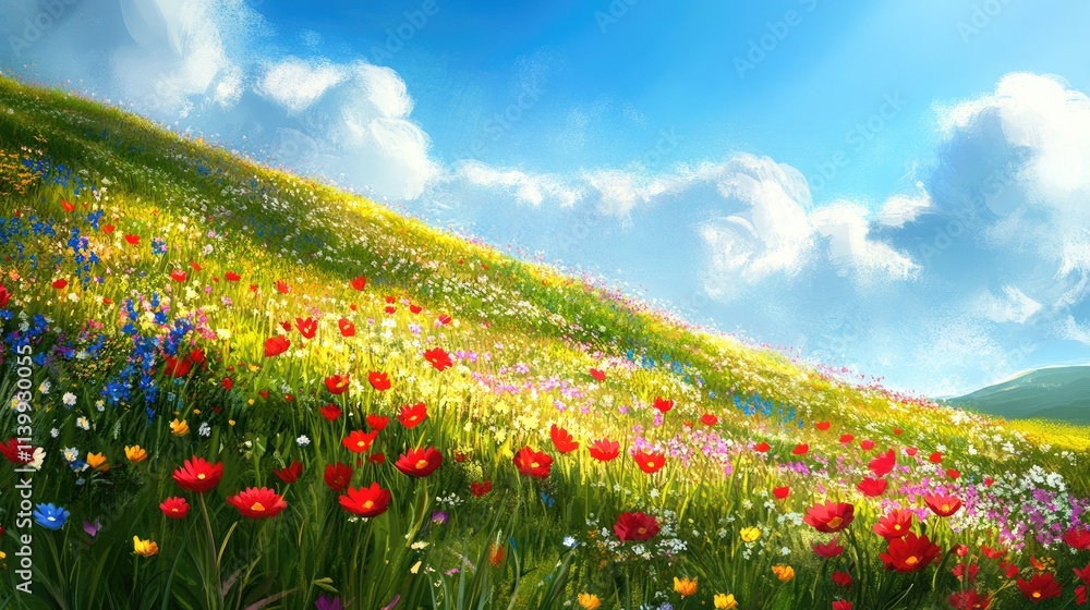 Vibrant Wildflowers Bloom On Sunny Hillside Meadow Vibrant Wildflowers Bloom On Sunny Hillside Meadow
