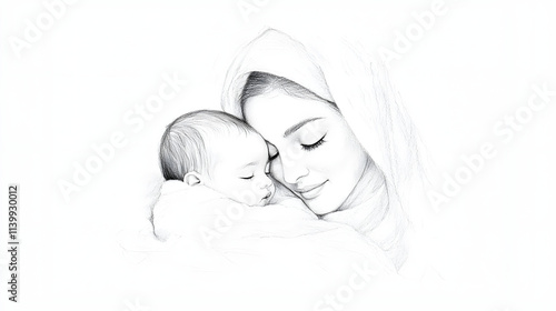 A simple pencil sketch of an Arab mother holding her newborn child with tenderness and love, capturing a moment of warmth, care, and the deep bond between mother and child in an intimate, heartfelt sc