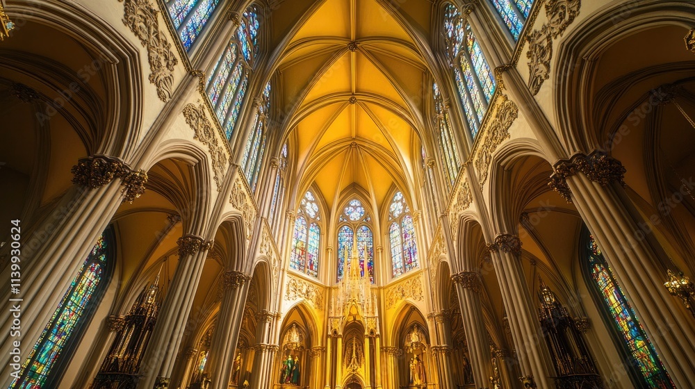 Fototapeta premium Golden Cathedral Interior With Stained Glass Windows