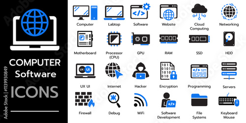 Computer Software icon set. Containing computer, labtop, network, website, server, hardware, software. vector icons	
